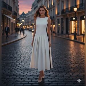 ME+EM White textured Midi Dress with black side panels
